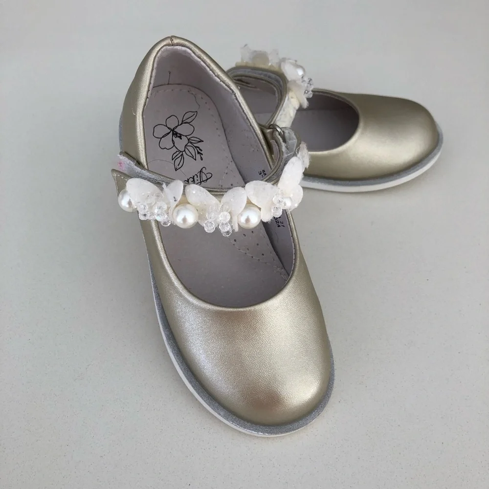 TikkaGo Gold Leather Mary Jane Dressy Pearl Shoes Toddler Girl Sz 10 NEW